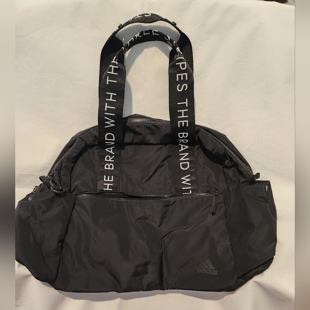 Adidas Black Duffel/Gym Bag with Text-Printed Straps